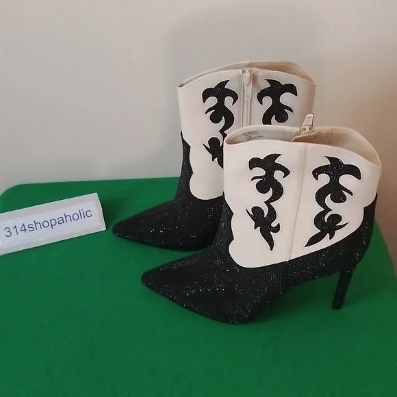 Black / Cream Ankle Boots With Rhinestones - Picture 3 of 5